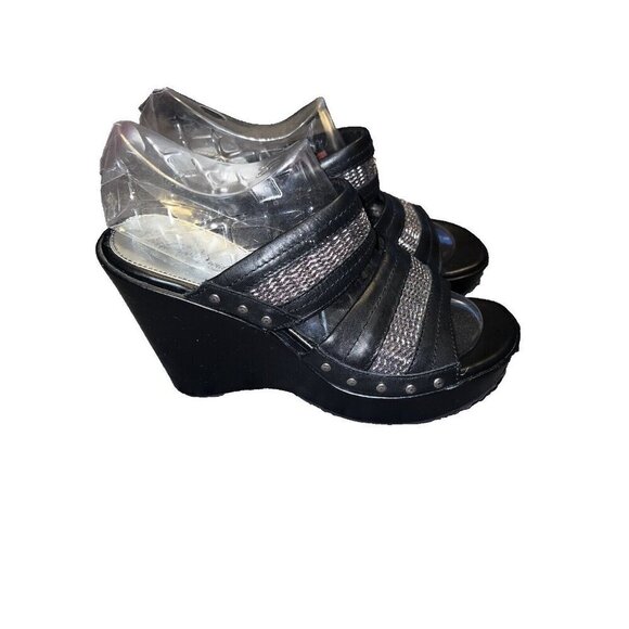 HARLEY DAVIDSON Black Leather Wedge Slip-On Strap Sandals, 4" Heel Sz 8.5 - Picture 1 of 12